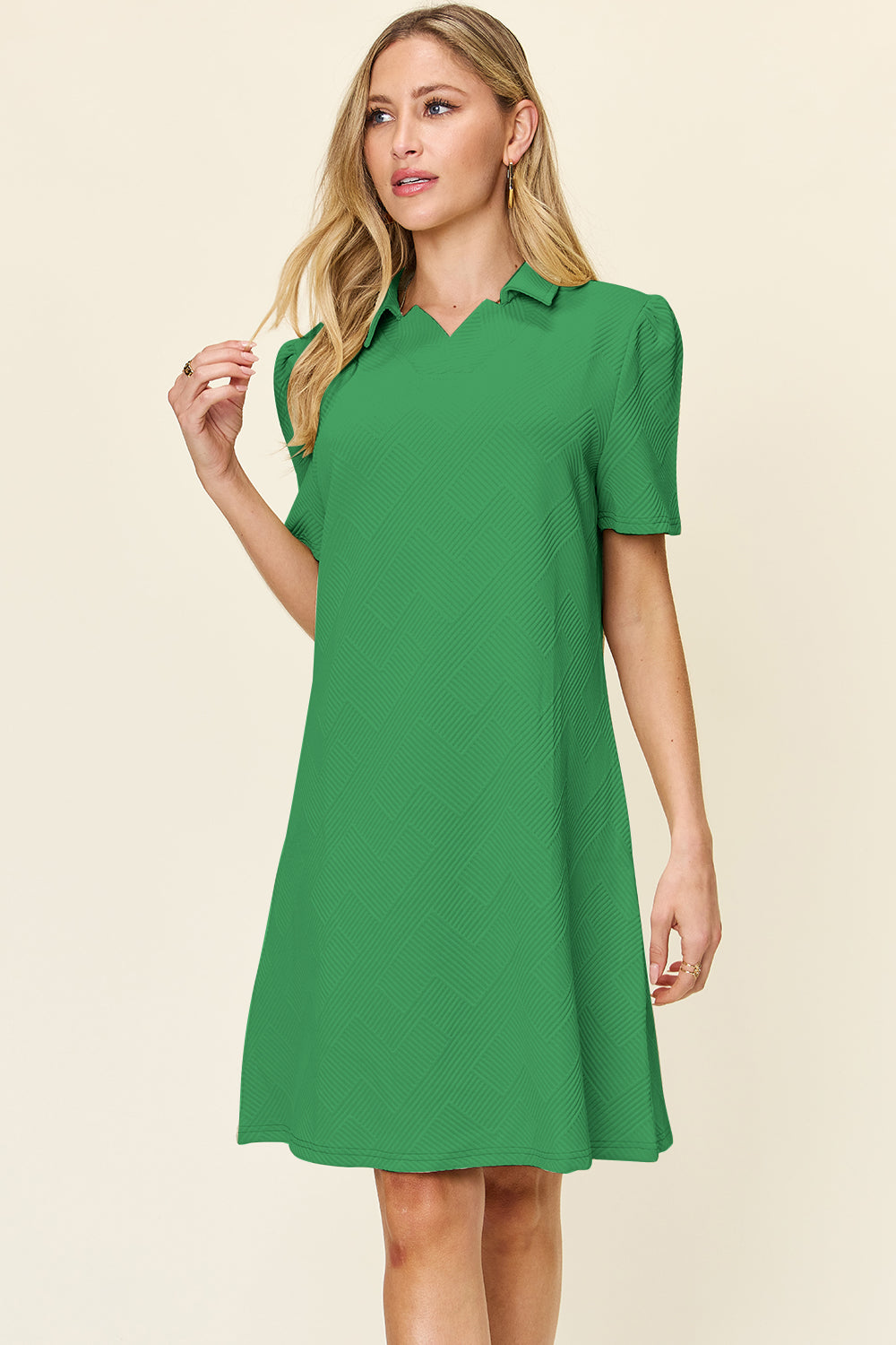 Double Take Full Size Texture Collared Neck Short Sleeve Dress - Vogue Fusion